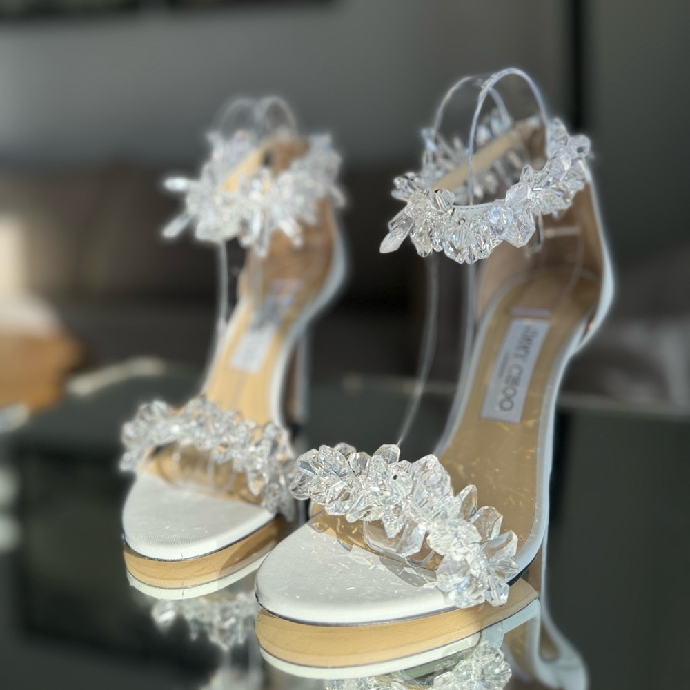 New Jimmy Choo White Maisel 100 Crystal Embellished Leather Sandals 38 - Picture 9 of 17